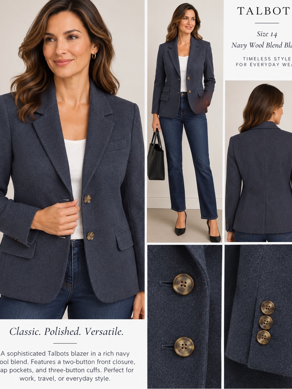 Talbots navy wool blend blazer 48% wool 97% wool trim